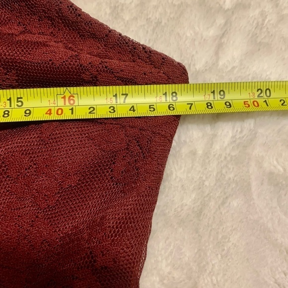 Doe & Rae Mini Dress Large Burgundy Floral Lace Patchwork Skirt Ivory Boho Flowy - Picture 15 of 16